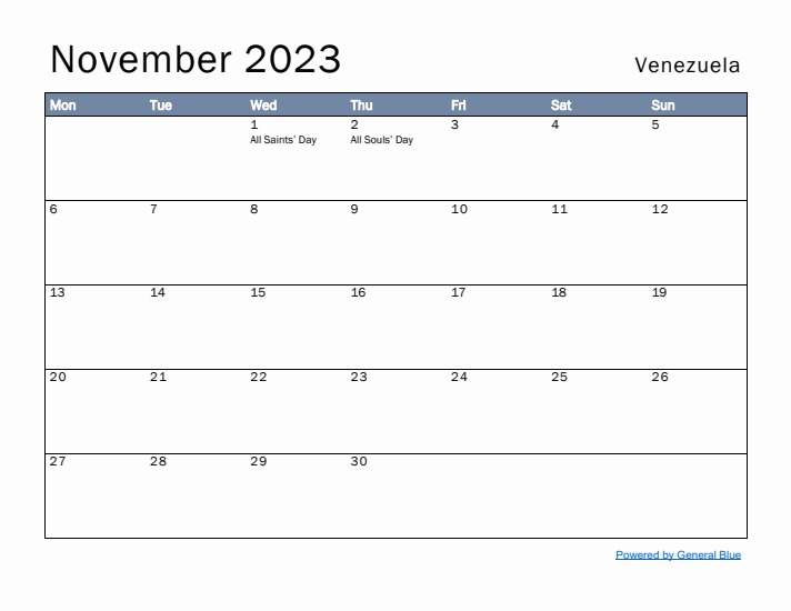 November 2023 Simple Monthly Calendar for Venezuela