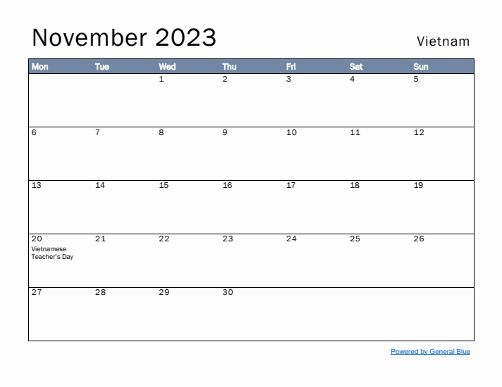 November 2023 Simple Monthly Calendar for Vietnam