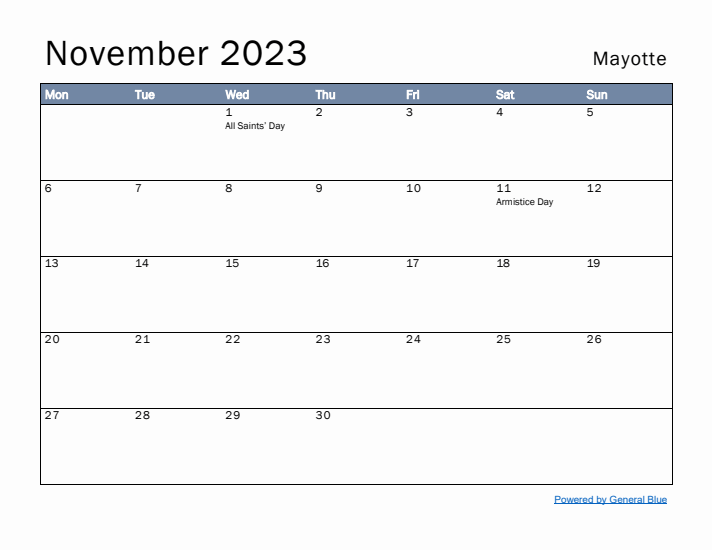 November 2023 Simple Monthly Calendar for Mayotte