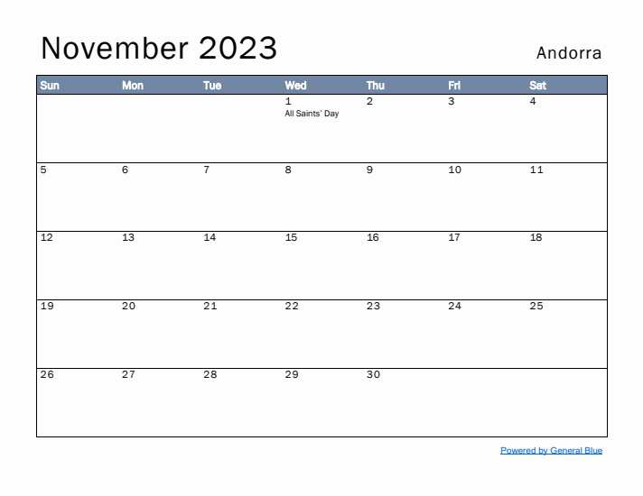 November 2023 Simple Monthly Calendar for Andorra