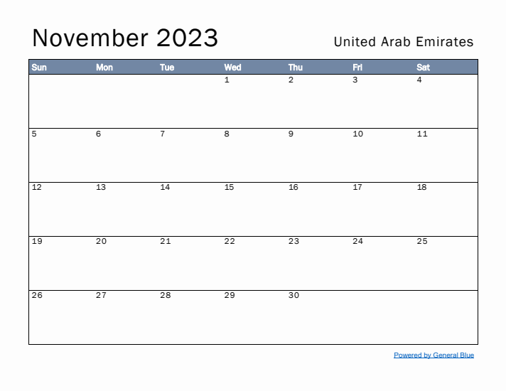 November 2023 Simple Monthly Calendar for United Arab Emirates