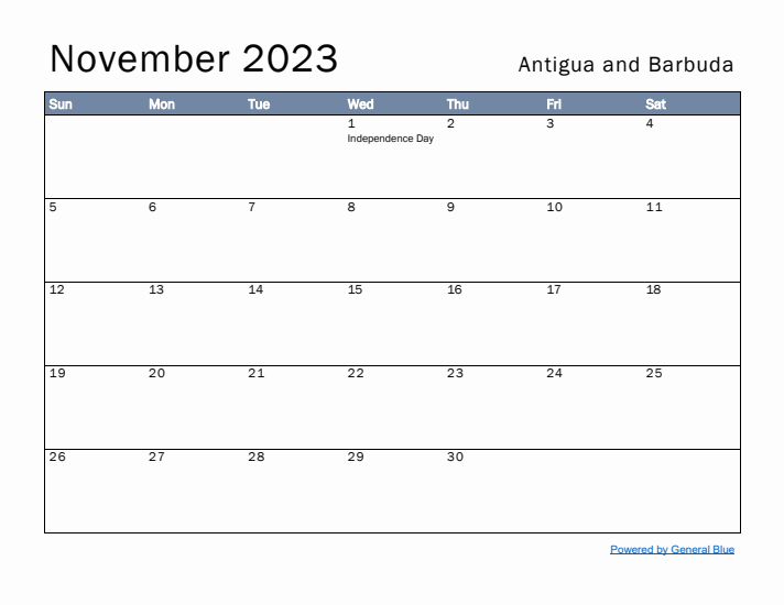 November 2023 Simple Monthly Calendar for Antigua and Barbuda