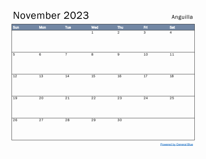 November 2023 Simple Monthly Calendar for Anguilla