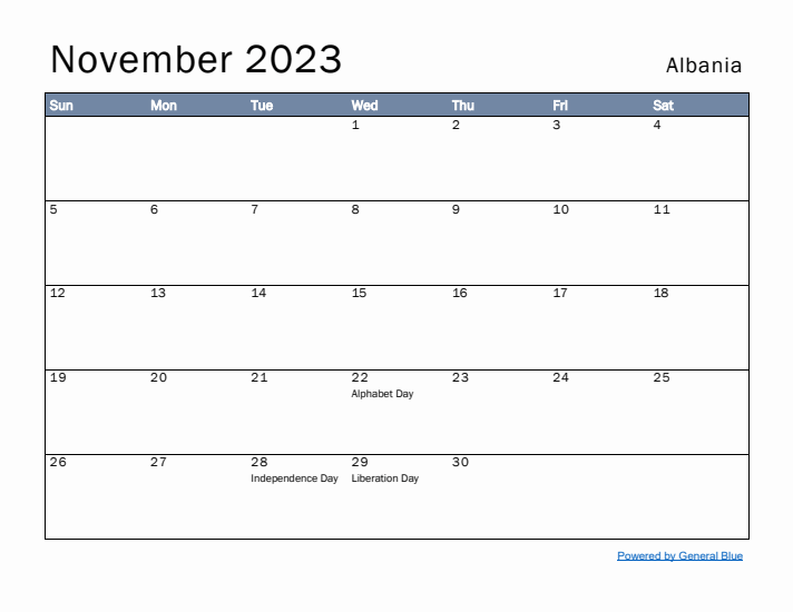 November 2023 Simple Monthly Calendar for Albania