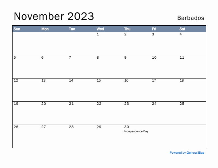 November 2023 Simple Monthly Calendar for Barbados