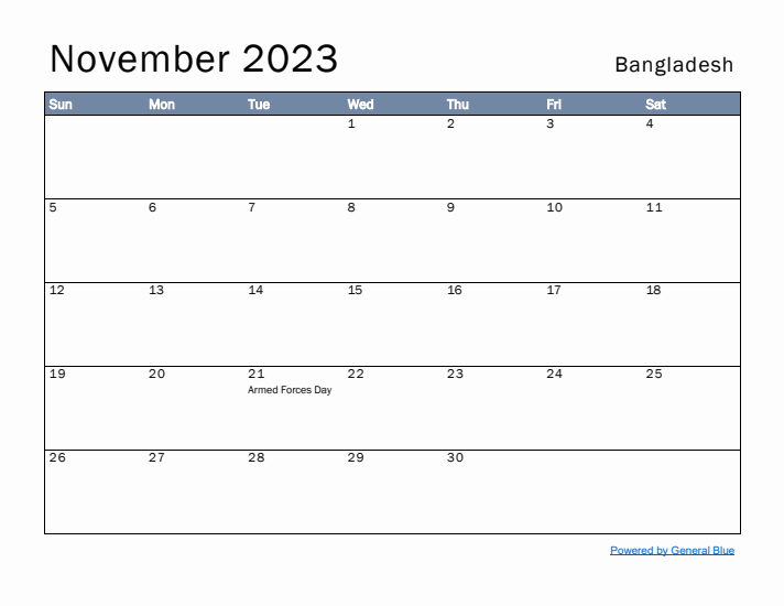 November 2023 Simple Monthly Calendar for Bangladesh