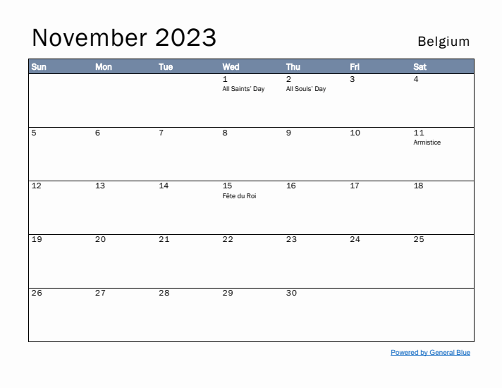 November 2023 Simple Monthly Calendar for Belgium