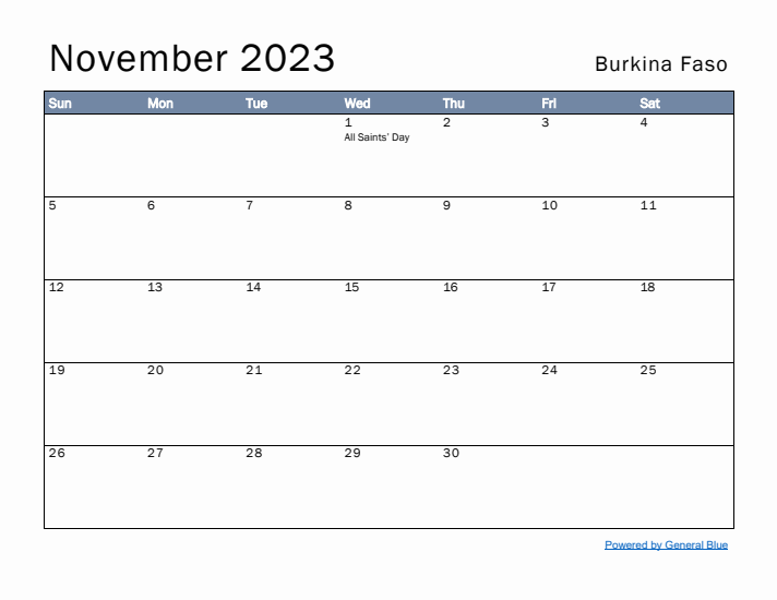 November 2023 Simple Monthly Calendar for Burkina Faso