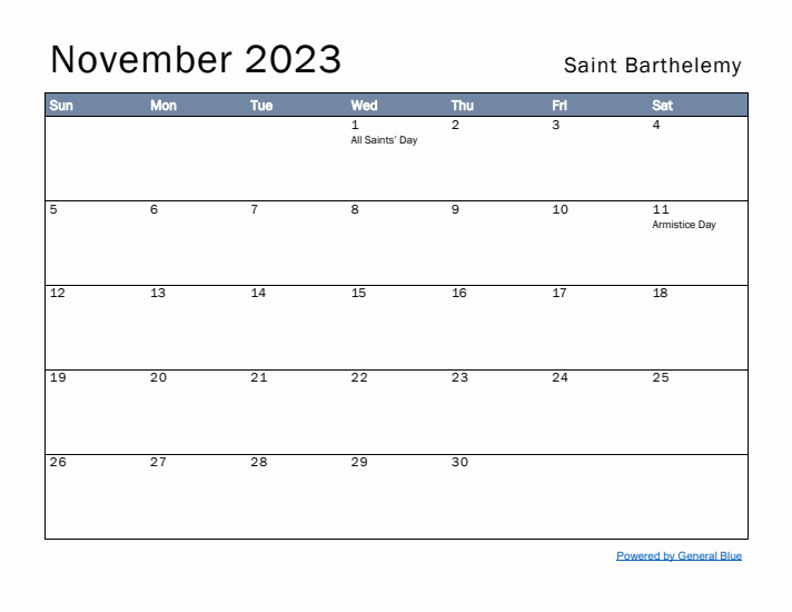 November 2023 Simple Monthly Calendar for Saint Barthelemy