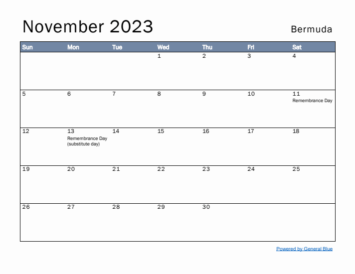 November 2023 Simple Monthly Calendar for Bermuda