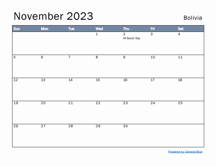 November 2023 Simple Monthly Calendar for Bolivia