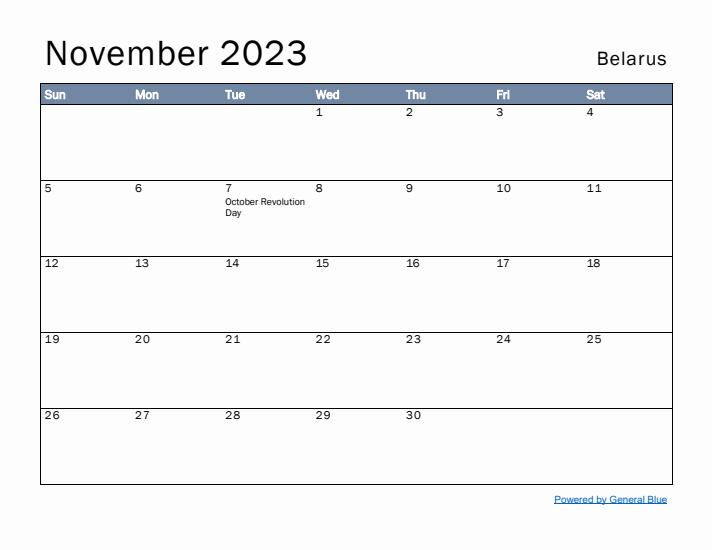 November 2023 Simple Monthly Calendar for Belarus