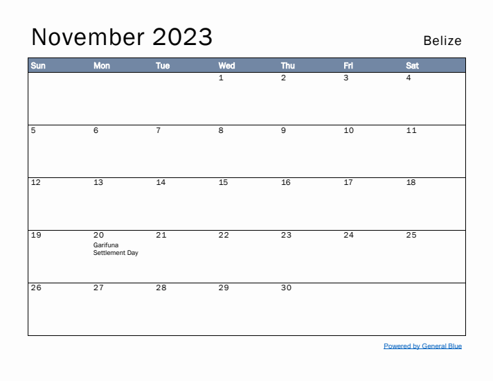 November 2023 Simple Monthly Calendar for Belize