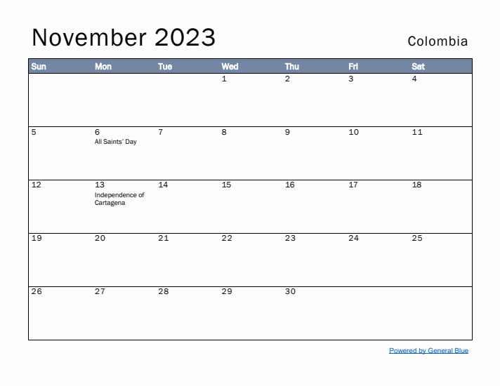 November 2023 Simple Monthly Calendar for Colombia