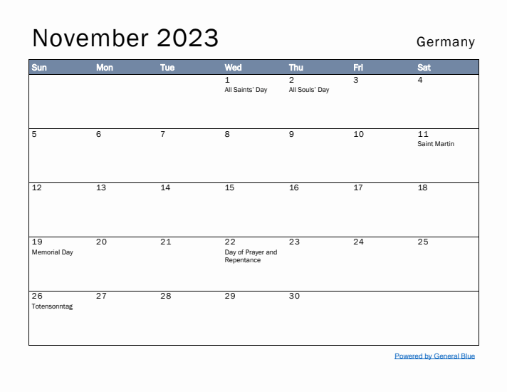 November 2023 Simple Monthly Calendar for Germany