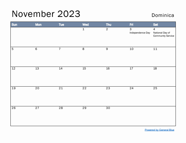 November 2023 Simple Monthly Calendar for Dominica