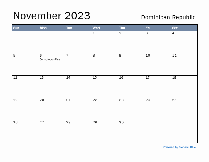 November 2023 Simple Monthly Calendar for Dominican Republic