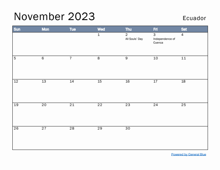 November 2023 Simple Monthly Calendar for Ecuador