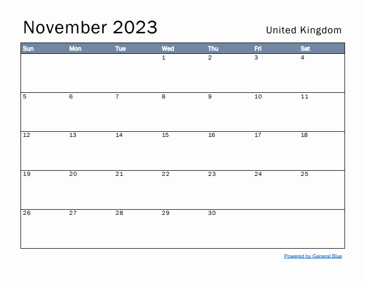 November 2023 Simple Monthly Calendar for United Kingdom