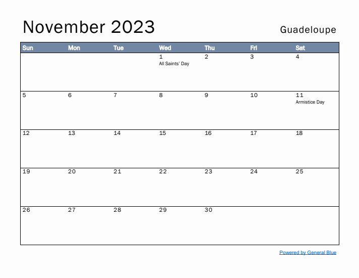 November 2023 Simple Monthly Calendar for Guadeloupe