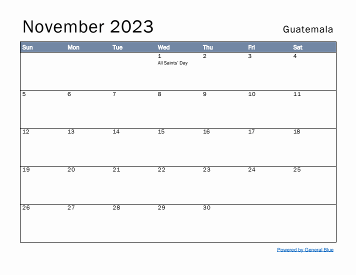 November 2023 Simple Monthly Calendar for Guatemala