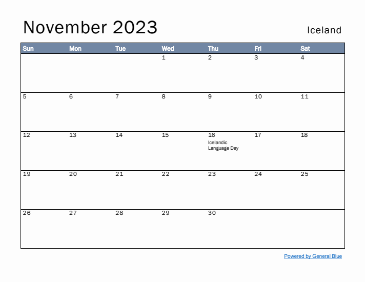 November 2023 Simple Monthly Calendar for Iceland