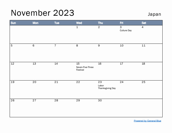 November 2023 Simple Monthly Calendar for Japan