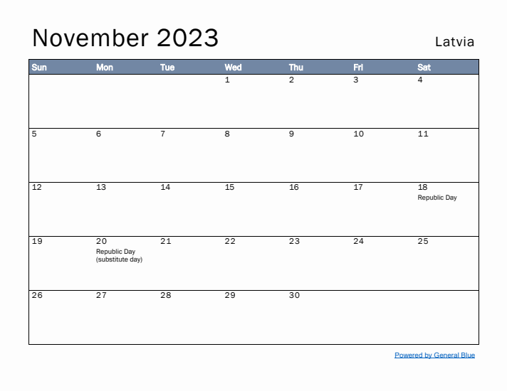 November 2023 Simple Monthly Calendar for Latvia