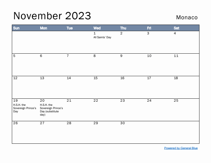 November 2023 Simple Monthly Calendar for Monaco