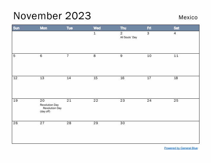 November 2023 Simple Monthly Calendar for Mexico