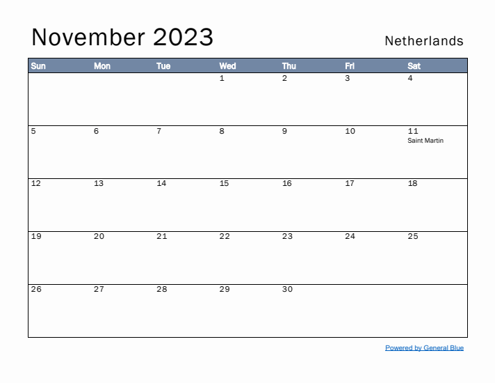 November 2023 Simple Monthly Calendar for The Netherlands