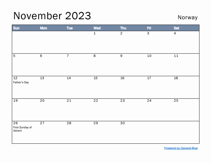 November 2023 Simple Monthly Calendar for Norway