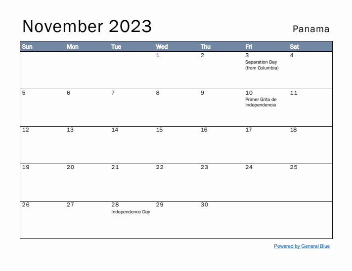 November 2023 Simple Monthly Calendar for Panama