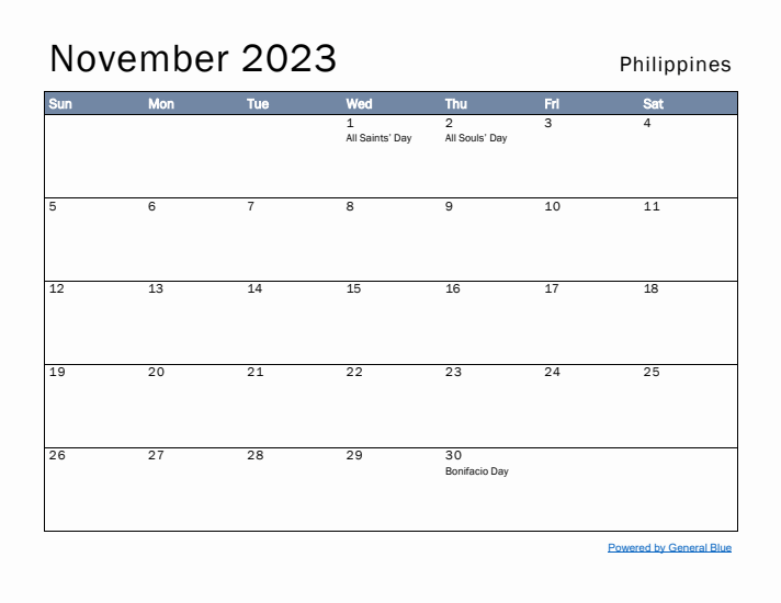 November 2023 Simple Monthly Calendar for Philippines