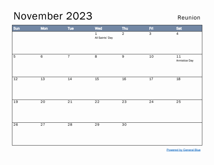 November 2023 Simple Monthly Calendar for Reunion