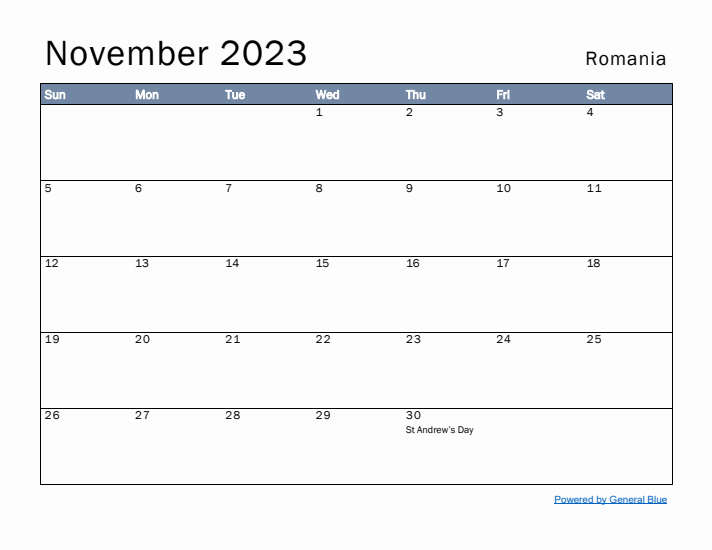 November 2023 Simple Monthly Calendar for Romania