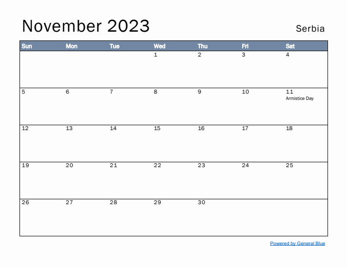 November 2023 Simple Monthly Calendar for Serbia