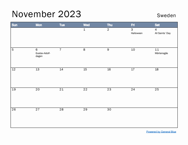 November 2023 Simple Monthly Calendar for Sweden