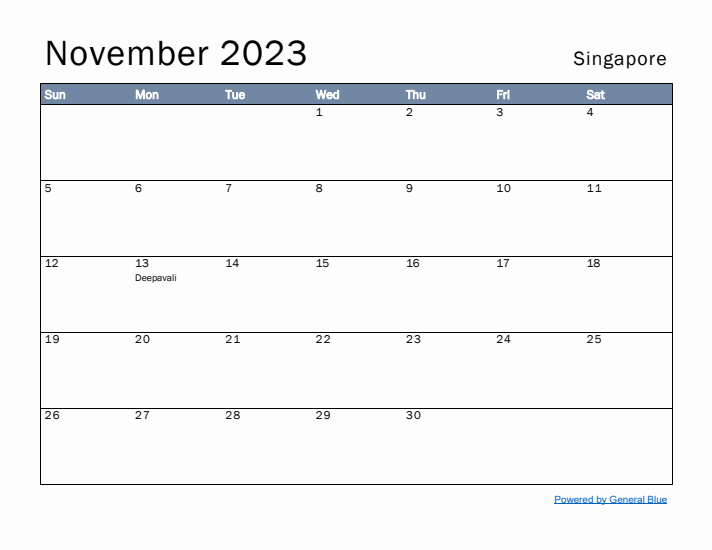 November 2023 Simple Monthly Calendar for Singapore