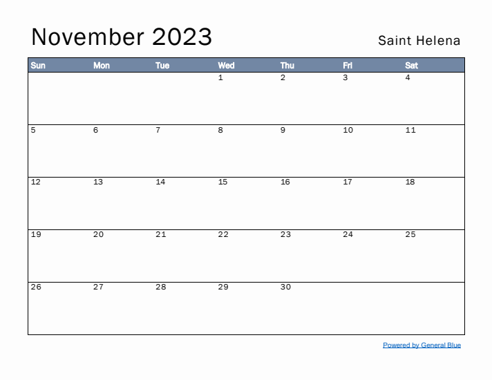 November 2023 Simple Monthly Calendar for Saint Helena