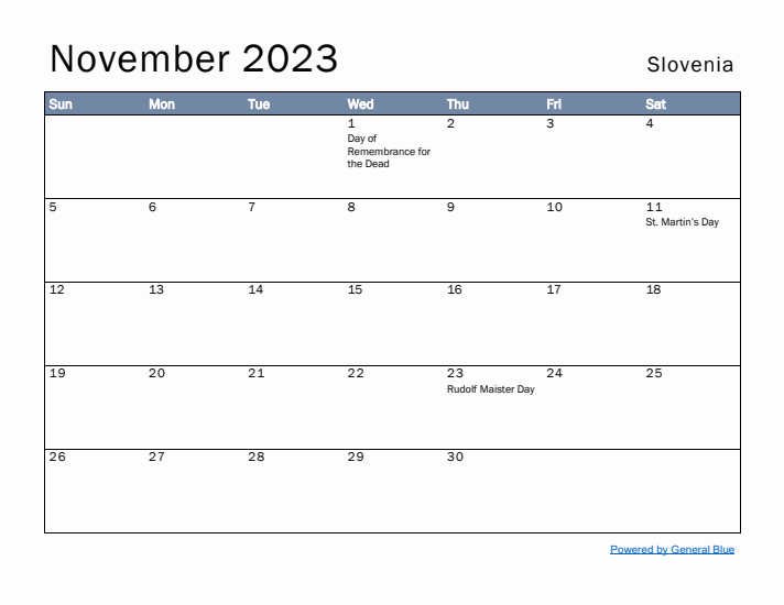 November 2023 Simple Monthly Calendar for Slovenia