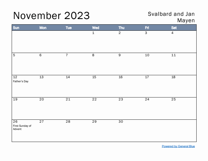 November 2023 Simple Monthly Calendar for Svalbard and Jan Mayen