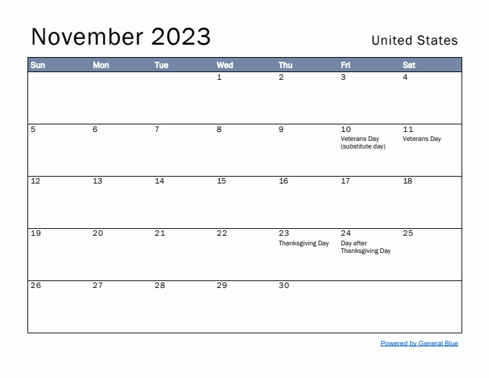 November 2023 Simple Monthly Calendar for United States