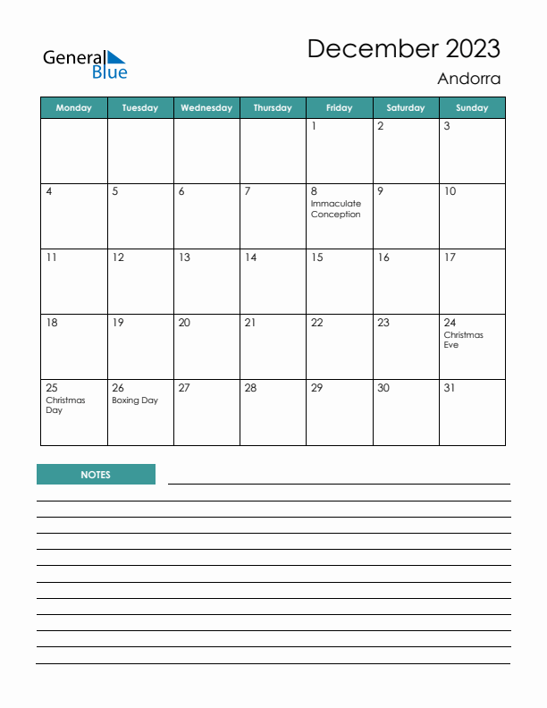 Calendar with Notes Printable - Monday Start