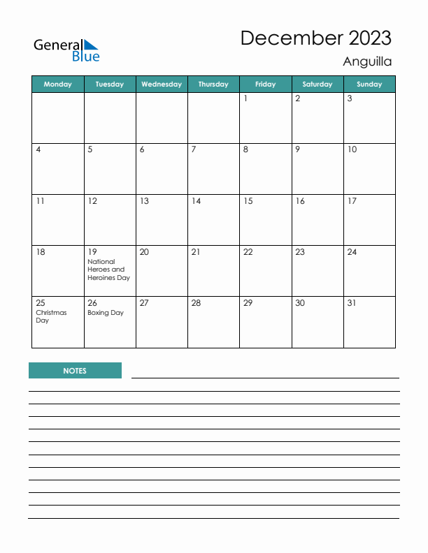 Calendar with Notes Printable - Monday Start