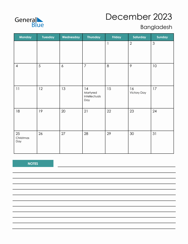 Calendar with Notes Printable - Monday Start