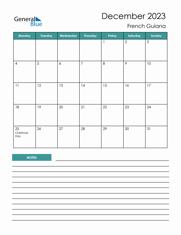 Calendar with Notes Printable - Monday Start