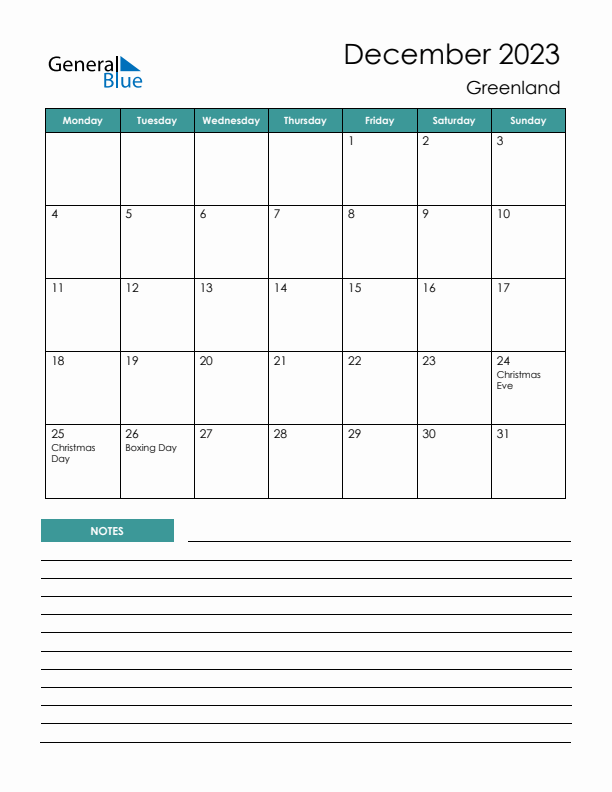 Calendar with Notes Printable - Monday Start