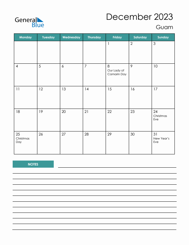 Calendar with Notes Printable - Monday Start