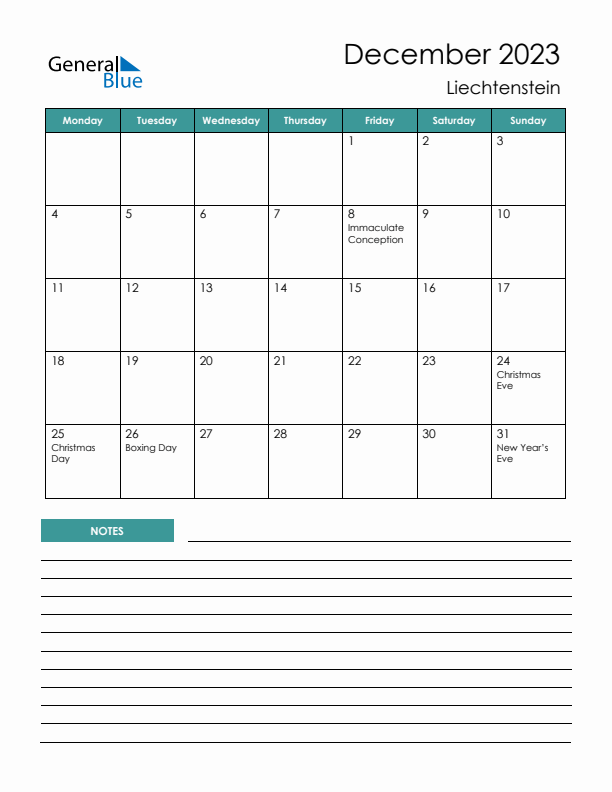 Calendar with Notes Printable - Monday Start